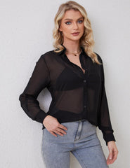 Arssm Women Sheer Button Up Blouse Mesh Long Sleeve Sexy See Through Tops Fashion Trendy Mesh Shirts Tops
