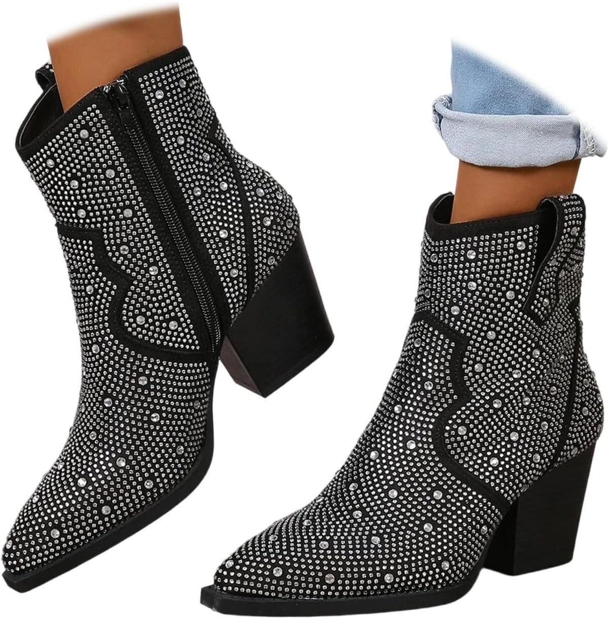 Women's Rhinestone Boots Sparkly Cowboy Booties Pointed Toe Bridal Wedding Western Studded Ankle Boots Cowgirl Short Boots