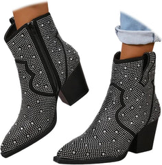 Women's Rhinestone Boots Sparkly Cowboy Booties Pointed Toe Bridal Wedding Western Studded Ankle Boots Cowgirl Short Boots