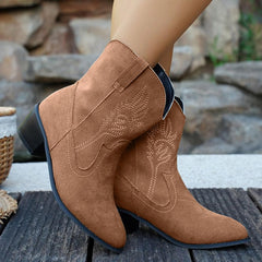 Women's Western Cowboy Cowgirl Embroidered Ankle Boots Fashion Low Chunky Heel Pointed Toe Fall Winter Short Booties Shoes Comfortable Pull On Country Boots Classic Wide Calf Booties