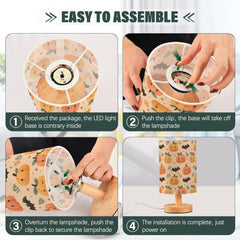 Cute Pumpkins Bats Leaves Bedside Table Lamp Small Desk Lamps Linen Fabric Shade Decorative Nightstand Lamp LED with USB Port Wood Base for Bedroom Living Room