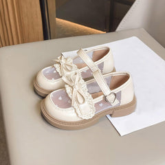 Girls Wedding Shoes Mesh Hollow Leather Bow Lace Sneakers Elegant Non Slip Ankle Strap Birthday Shoes for Kids