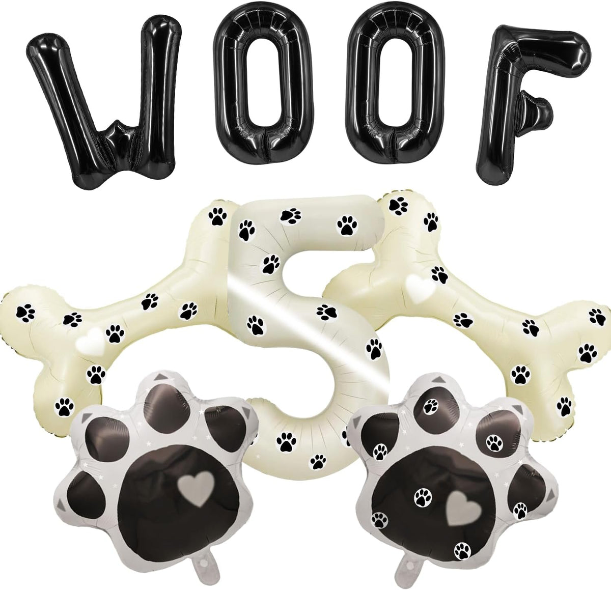 Dog Theme 5th Birthday Party Decorations - 40 Inch Number 5 Foil Balloon, Paw and Bone Balloons, WOOF Letter Balloons, Paw Prints Stickers for Pet Kids Party Supplies