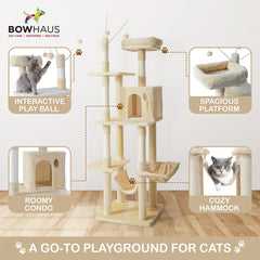 Tall Cat Tree for Indoor Large Cats or Kittens, Multi-Level Cat Activity Tree with Scratching Posts, Hammock, Cat Cave Condo, Modern Cute Small Cat Climbing Tower with Widened Perch