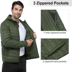 Outdoor Ventures Men's Lightweight Packable Hooded Puffer Jacket Insulated Winter Coat for Snow Ski Traveling