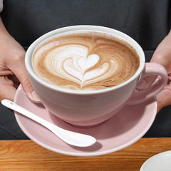 DeeCoo 11 oz White Cappuccino Mug- Large Ceramic Coffee Cup with Saucer - Microwave and Dishwasher Safe, Perfect For Tea, Espresso, Latte - Porcelain Set for Kitchen or Cafe, Baristas, Great Gift