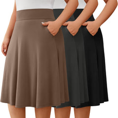 3 Pack Plus Size Skirts for Women, Knee Length Midi Casual Flowy Flared A Line Summer Work Church Skirts with Pocket