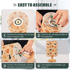 Cute Pumpkins Bats Bedside Table Lamp Small Desk Lamps Linen Fabric Shade Decorative Nightstand Lamp LED with USB Port Wood Base for Bedroom Living Room