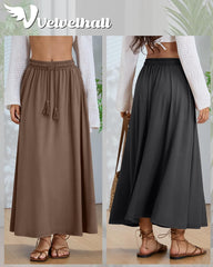 3 Pack Women's Maxi Long Skirts, Ankle Length a Line Elastic High Waist Flowy Boho Casual Skirt with Pockets