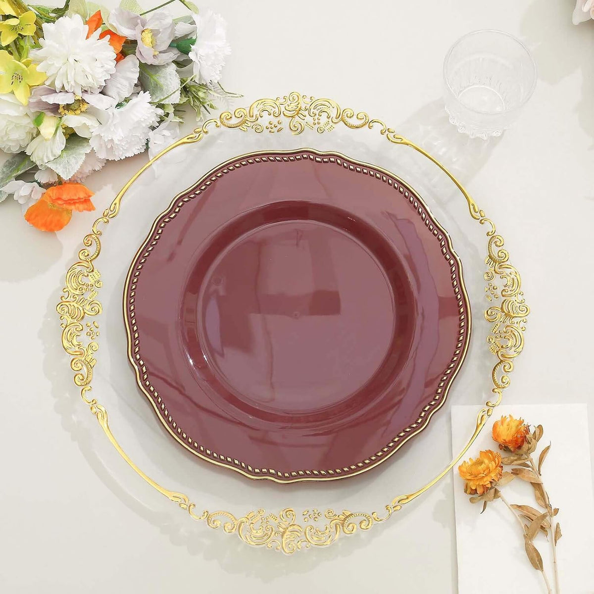Efavormart 10 Pack | 9" Mauve/Gold Scalloped Rim Plastic Dinner Plates, Disposable Party Plates For Weddings Party Events