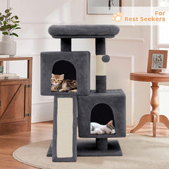 Cat Tree With 2 Condos, Scratching Post & Sisal-Covered Board Ladder, Climbing Tower for Indoor Cats, 34 Inches, Light Gray