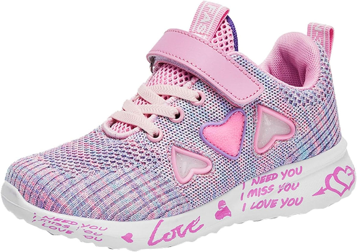 Girls Cute Heart Running Sneakers Mesh Non-Slip Athletic Shoes Lightweight Lace-Up Gym Walking Popular Girls Shoes