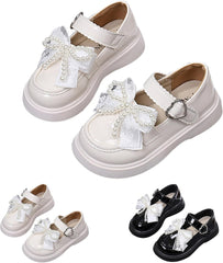 Girls Elegant Sneakers Bow Pearl Cute Sequins Ankle Mary Jane Shoes Leather Soft Wedding Birthday Shoes for Kids
