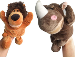 2PC Hand Puppet Realistic Plush Animal Hand Puppet Children's Animal Glove Toy Little Finger Mini puppetshark Toys (Rhino+Lion)