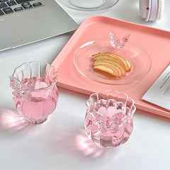 belupai Coffee Cup Mug with Saucer, 5oz Clear Butterflys Glass Cup Creative Iced Coffee Glasses Striped Flower Shape Drink Cups Tea Cup Demitasse for Iced (Narcissus single cup)