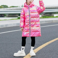 Boy's Girls Shiny Windproof Down Jacket Kids Long Sleeve Thicken Warm Fleece Hooded Jackets Outerwear Winter