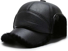 Winter Leather Baseball Cap,Adjustable Men's Hat with Earflap,Winter Warm Men Soft Hunting Hat (Black)