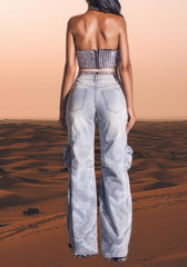 LKOUS Women's Y2K Baggy Straight Wide Leg Cargo Jeans, Streetwear High Waisted Denim Pant