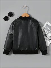 Boy's Fax PU Leather Bomber Jacket Zip Up Long Sleeve Biker Outerwear Motorcycle Coat Streetwear