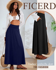 Ficerd 3 Pack Women's Maxi Long Skirts with Pockets, A Line Ankle Length High Waisted Flowy Soft Cotton Summer Casual Skirts