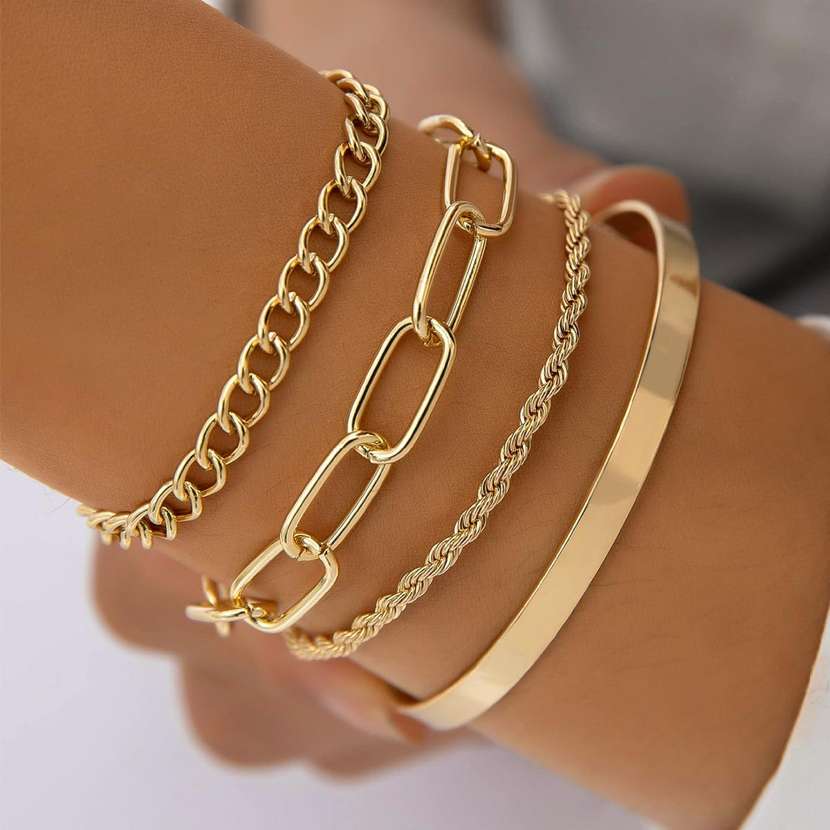 4PCS Gold Layered Bracelet Set, Cable Chain Snake Chain, Cuba Paperclip Chains, Women's Fashion Jewelry, Stackable Bracelets for Women(Golden)