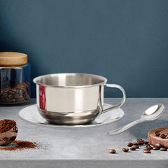 Coffee Cup Set with Saucer Spoon Handle, Stainless Steel Portable Serving Plate, 200ml Milk Cup, Unbreakable Coffee Mug, 3Pcs