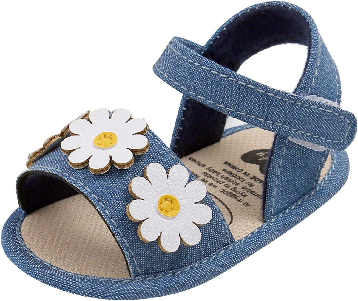 Generic Infant Boys Girls Open Toe Denim Shoes First Walke𝐫 Shoes Summer Sandals with Flower Newborn Crib Dress Shoes