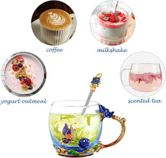 Flower Tea Cup,Butterfly Daisy Glass Fancy Coffee Mug with Spoon,Gift Box for Her Mom Wife Grandma Girls Friends Valentines Christmas Birthday Present Idea for Juice,Hot/Cold Drinks Use (Red rose)