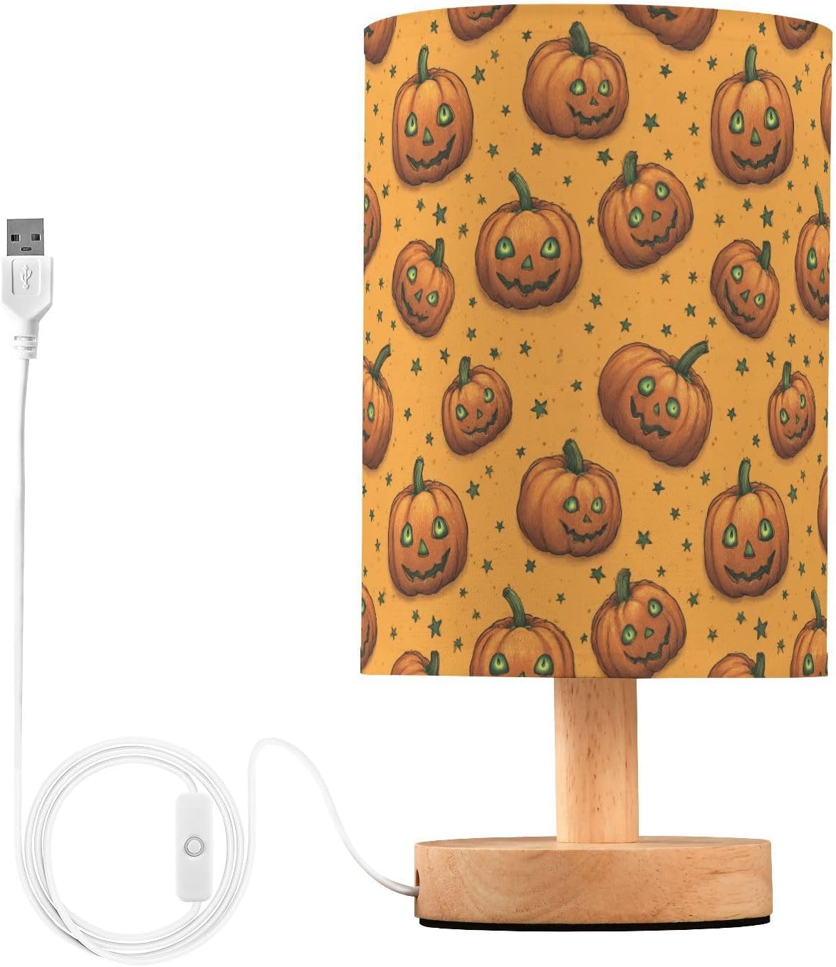 Halloween Pumpkin Green Eyes Bedside Table Lamp Small Desk Lamps Linen Fabric Shade Decorative Nightstand Lamp LED with USB Port Wood Base for Bedroom Living Room