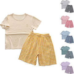 Boys Girls Kids 𝐏ajama Set 2 Piece 𝐒𝐥eepwear Outfits with Short Sleeve T-Shirts + Plaid Shorts Summer Clothing Sets