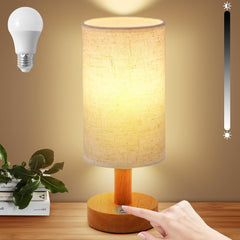 Cordless Table Lamp, 2200mAh Battery Operated Desk Lamp, Touch Bedside Lamps for Night Stands, Warm Light Mini Boho Lamp, Wood Base Round Flaxen Fabric Shade for Living Room,LED Bulb Included (Beige)