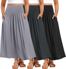 Ficerd 3 Pack Plus Size Maxi Long Skirts for Curvy Women, Ankle Length a Line Pleated High Waisted Summer Skirts with Pocket