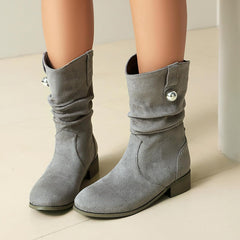 Crzidha Womens Western Suede Wide Width Boots Casual Round Toe Solid Color Pull on Shoes Fashion Slouchy Pleated Tall Shoes with Chunky Low Heel Fall Comfortable Lightweight Mid-Calf Short Booties