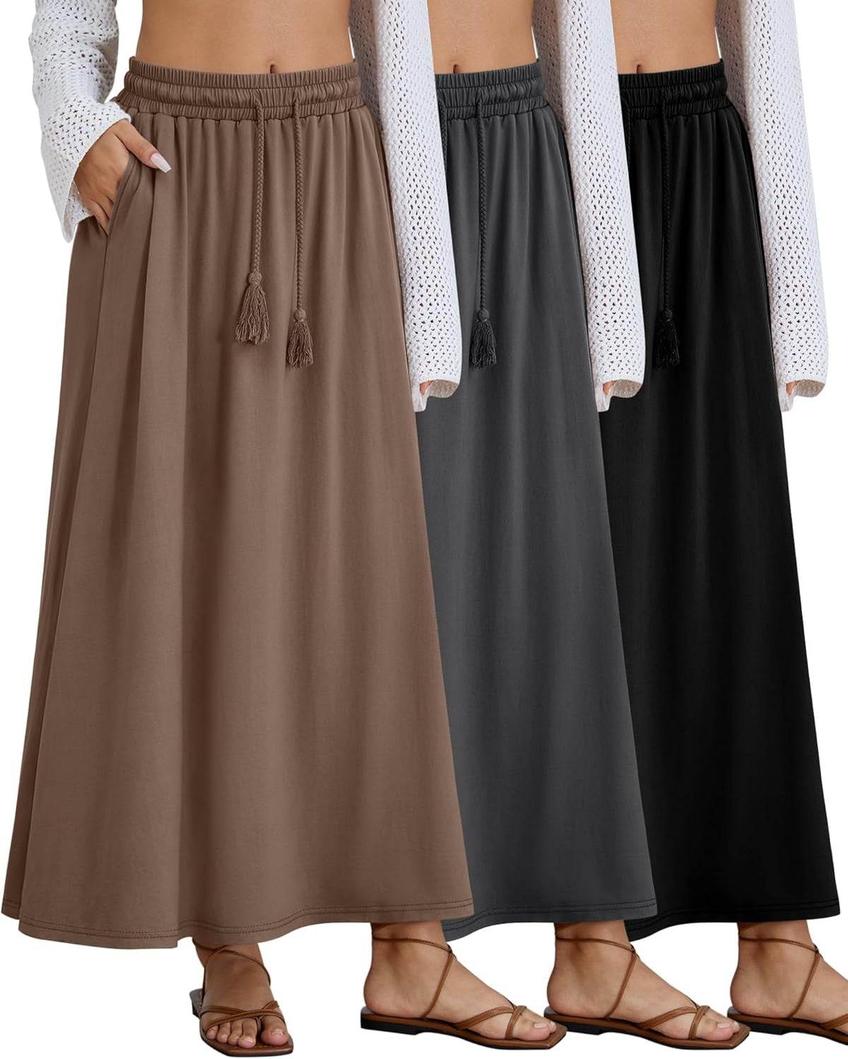 3 Pack Women's Maxi Long Skirts, Ankle Length a Line Elastic High Waist Flowy Boho Casual Skirt with Pockets