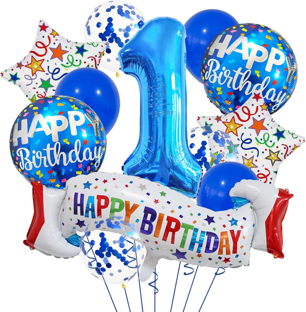 Happy 1st Birthday Balloon Colorful Banner Balloons Set 1st Year Old Birthday Blue Theme 1 Balloon Number 1 Foil Mylar Balloons Kids 1 Party Balloons Confetti Latex Mylar Balloons Party Supplies
