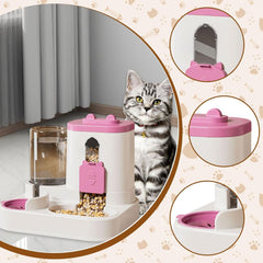 Automatic Pet Feeder and Waterer Water Dispenser Cat Food Feeder for Puppy Kitten, Pink