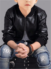 Boy's Fax PU Leather Bomber Jacket Zip Up Long Sleeve Biker Outerwear Motorcycle Coat Streetwear