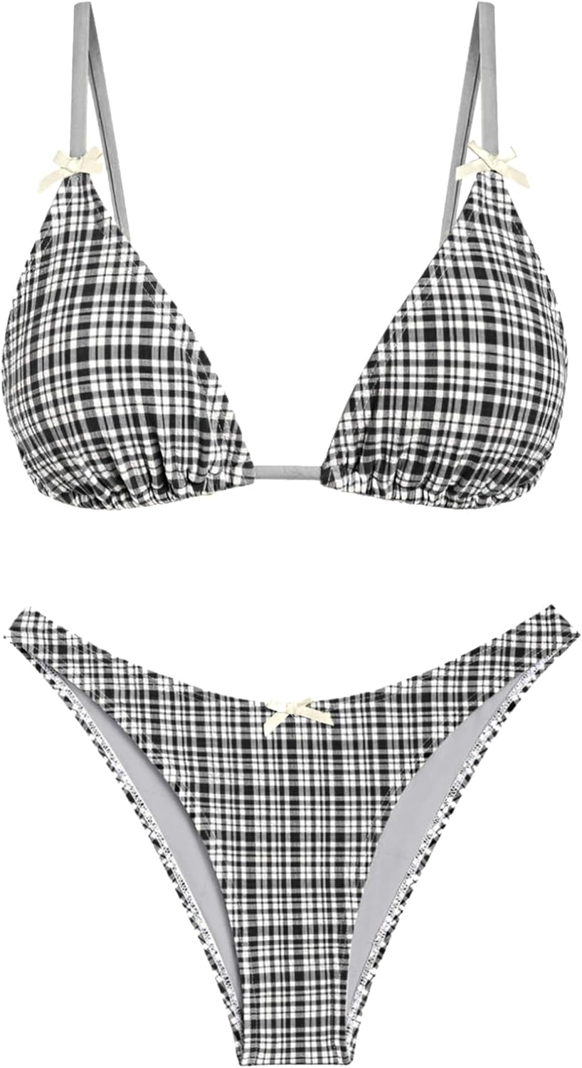 seamoly Women's Bikini Sets Tie Back Bowknot Two Piece Swimsuits Triangle Thong Bathing Suit Gingham Floral Cherry Printing
