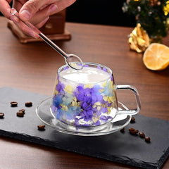 250 ml Glass Coffee Cup with Saucers and Spoons Double Wall Insulated Glass Coffee Mug Flower Tea Cups with Handle for Cappuccino Latte Tea Hot Beverages (Yellow purple)