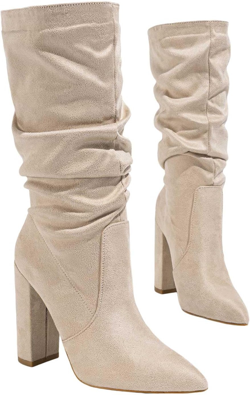 Knee High Boots Women 2025 Women's Chunky High Heels Side Zipper Pointed Toe Dress Suede Tall Boots Slouchy Fashion Womens Shoes