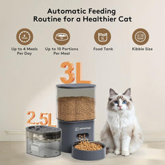 All-in-One Automatic Cat Feeder and Water Fountain, 3L Programmable Timed Dry Food Dispenser with Anti-Clog Design, 2.5L Quiet Cat Fountain for Drinking with Filter, Combo for Small Pets