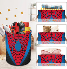 Large Laundry Hamper Basket with Lid, Round Collapsible Storage Organizer Bin for Kids Room, Boys, Nursery, Closet, Bedroom, Playroom, Toys, Dirty Clothes, 16"W x 20"H Blue and Red Spider Web
