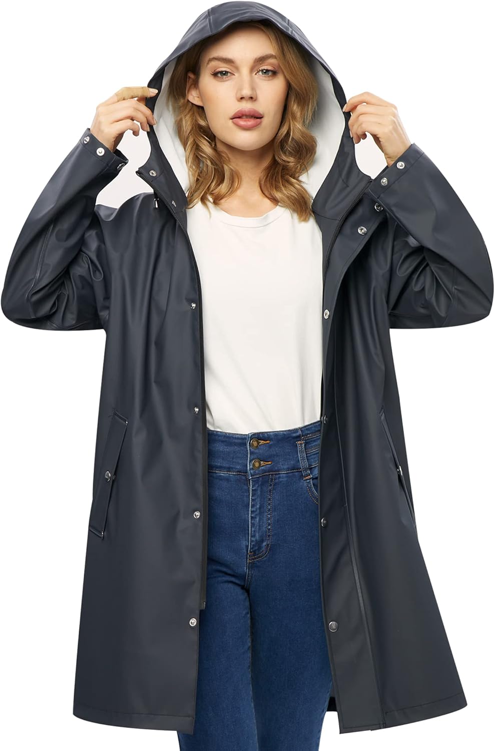 UNIQUEBELLA Rain Jackets for Women Waterproof, Raincoat Long Hooded Rain Coats Outdoor Windbreaker Trench Coat