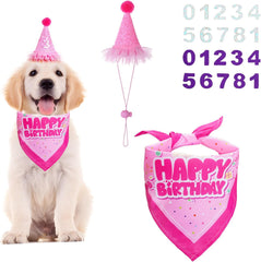 Dog Birthday Bandana Scarf and Hat with Number for Dog Birthday Party (Pink)