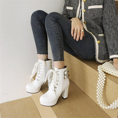 Inornever Lace Up Chunky Heel Ankle Boots for Women Side Zipper Closure Double Buckle Straps PU Leather Platform Womens Boots Beige White Red Pink Black Shoes