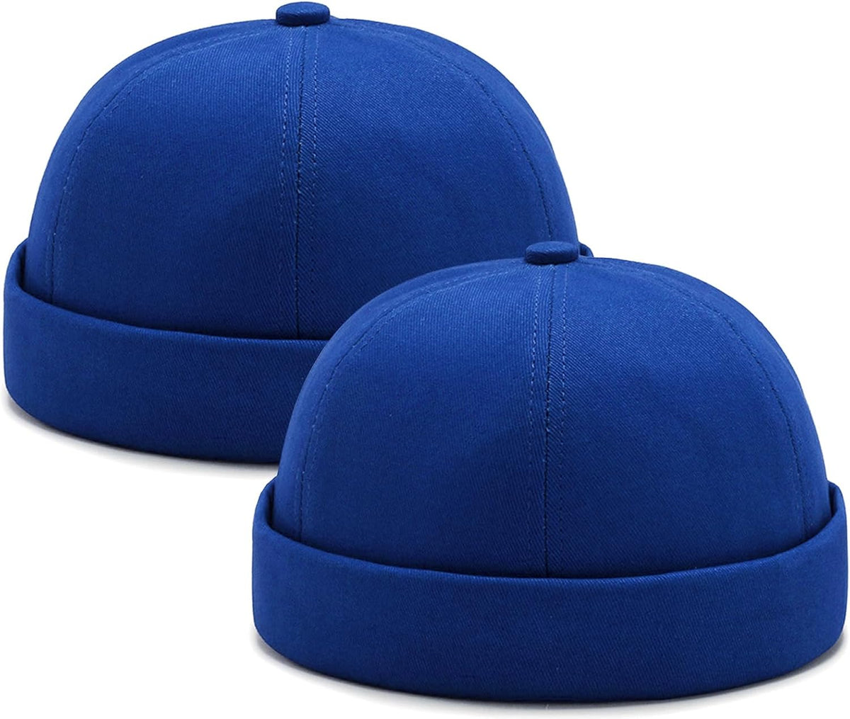 2 Pcs Mens Brimless Docker Cap Set - Retro Worker Sailor Skull Cap Beanie with Rolled Cuff