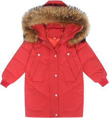Girls Boys Long Puffer Coat Kids Fur Collar Winter Coat Lightweight Down Jacket Hooded Outerwear for 8-15 Years