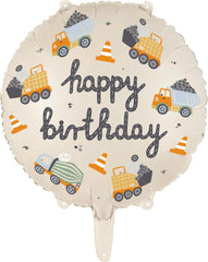 Round Foil Balloon Happy Birthday Construction Vehicles 18 Inch PartyDeco, Kids Boy Party Balloons, Boys Construction Birthday Party Supplies