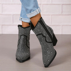 Women's Rhinestone Boots Sparkly Cowboy Booties Pointed Toe Bridal Wedding Western Studded Ankle Boots Cowgirl Short Boots