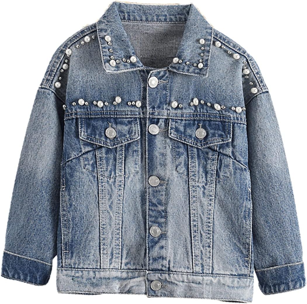 Yiqinyuan Gilrs Denim Jacket Pearls Girl Coats Kids Spring Autumn Outerwear for Children Casual Style Clothes